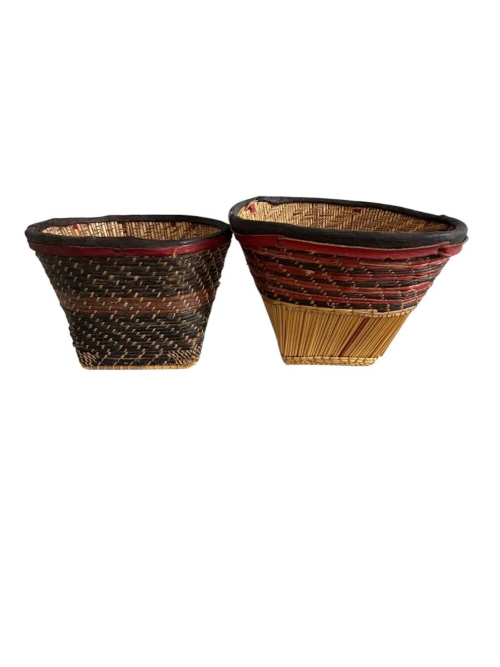 Vintage African Woven Reed Raffia Baskets Pair Red Leather Accents 7 Inch